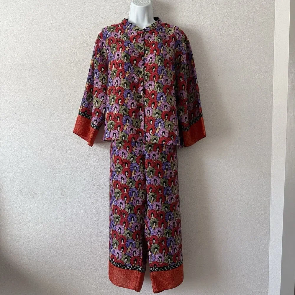 JOSIE NATORI Artistic Geisha Umbrella Print 2PC Set Mandarin Collar Lounge Wear